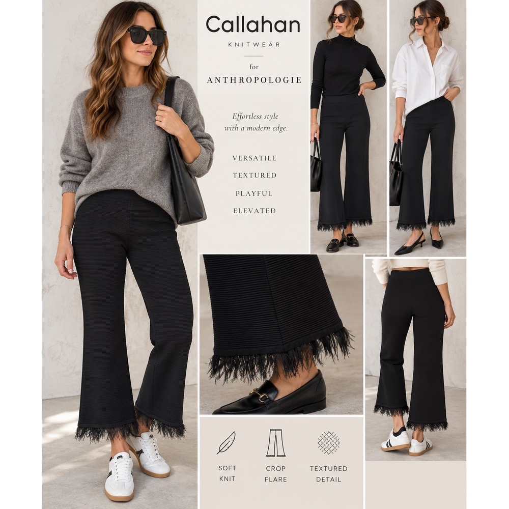 Callahan Anthropologie Paz Black Ribbed Crop Flare Pants Feather Hem Size MM